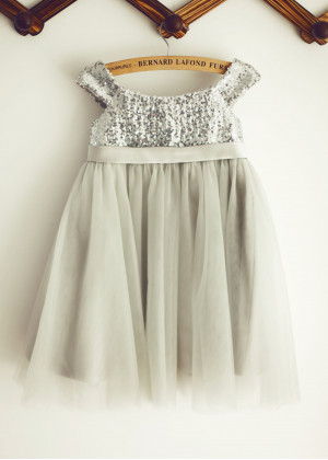 Empire Waist Silver Sequin Gray Tulle Knee Length Flower Girl Dress